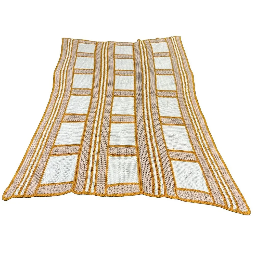 Handmade Crochet Blanket Afghan Throw 70x45 Gold Ivory Tan Vintage Style Charity